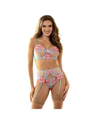 Subblime Bra + Panties With Garter Belt Floral Design Blue L/Xl