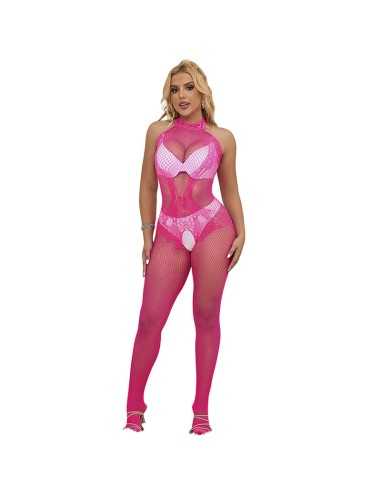 Subblime 952389 Bodystocking Crotchless De Rejilla Y Encaje Con Cuello Alto Rosa Talla Única -