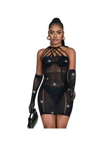 Subblime Fishnet Dress With Rhinestones Black One Size