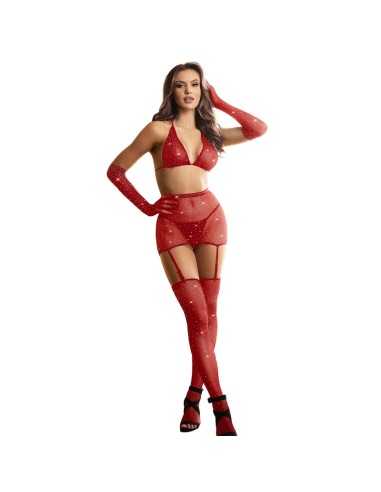 Subblime Fishnet Bodystocking With Gloves And Diamonds Red One Size