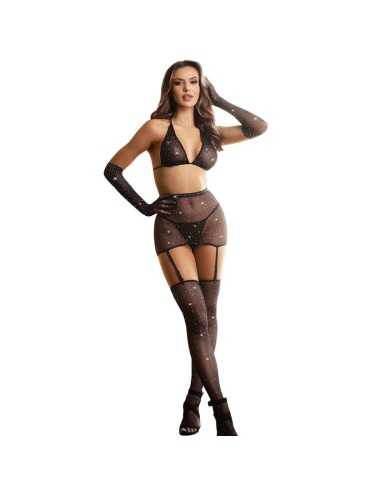 Subblime Fishnet Bodystocking With Gloves And Diamonds Black One Size