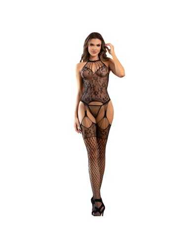 Subblime 952136 Bodystocking Crotchless De Rejilla Con Detalles Florales Y Cuello Halter Negro