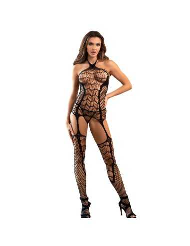 Subblime 952105 Netz-Bodystocking Ohne Schritt Neckholder Und Offenem Rücken Schwarz Eine Grösse -